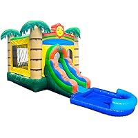 Inflatable Bounce House with Slide for Kids - 26.5 x 12 x 14.5 Foot Backyard Non Printed Tropical Smiley Castle Combo Bouncer with Water Pool, Outdoor Toys and Jumpers - Includes Blower, Stakes