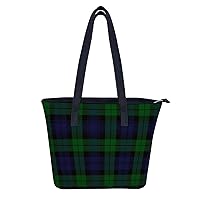 Black Watch Plaid Women's Fashion Tote Handbags Leather Shoulder Bag Purse, White