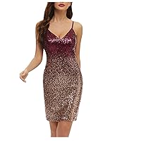 Women Deep V Neck Party Mini Dress Gradient Sparkly Sequin Evening Dresses Plus Size Bodycon Cocktail Prom Cami Dress