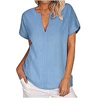 Women's Summer Vintage Linen Notched V-Neck Shirts Short Sleeve Casual Loose Classic-Fit Blouse Tunic Tops 2024 Fashion