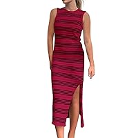 Women's Summer Bodycon Sundresses Casual Midi Sleeveless Hollow Out Knit Side Slit Striped Long Tank Dress