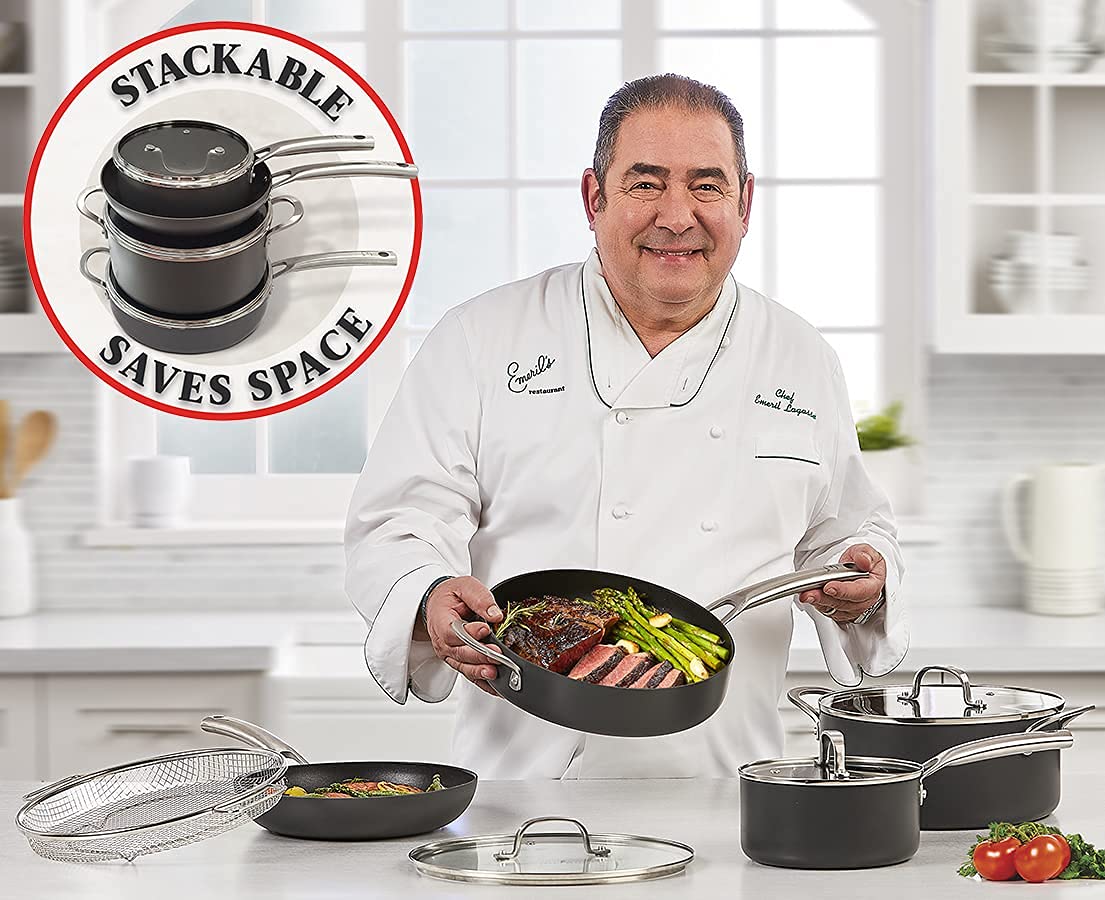 Emeril Everyday Forever Pans Hard-Anodized Cookware, 10-Piece Pots and Pans Set Nonstick with Utensils, Induction Compatible by Emeril Lagasse, Black 10 Piece Set OPEN BOX