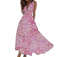 Flowy Summer Dresses for Women 2024, V Neck Sleeveless Floral Maxi Dress, Casual Beach Vacation Party Cocktail Dresses