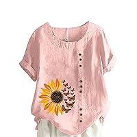 Summer Womens Cotton Linen T-Shirt Casual Sunflower Butterfly Button Up Tops Short Sleeve Tunic Comfy Soft Loose Blouse