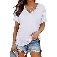 Short Sleeve V Neck T Shirts for Women Loose Fit Summer Tops 2024 Trendy Casual Tees Side Shirred Ruched Blouse