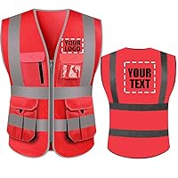 Add Your Name Text on High Visibility Reflective Safety Vest Class 2 ANSI Custom Your Text Protective Workwear 5 Pockets With Reflective Strips Outdoor Work Vest(Red L)