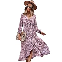 Women' Dress Spring Floral Print Tied Casual Vacation V Neck Long Sleeve High Waist Dresses