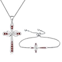YL Women's Cross Necklace Sterling Silver Infinity Crucifix Bracelet Created Garnet Criss Jewelry Set