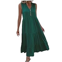 Sundresses for Women Summer Elegant Button Down V Neck Dress Solid Sleeveless Tiered A-Line Flowy Beach Party Dress