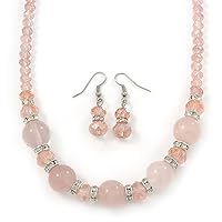 Avalaya Rose Quartz/Pink Glass Bead/Clear Crystal Ring Necklace & Drop Earrings Set/Silver Tone/ 40cm L/ 5cm Ext