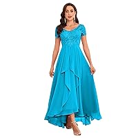 Tea Length Mother of The Bride Dresses for Wedding with Sleeves Lace Short Sleeve Chiffon Formal Evening Gown