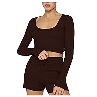 Workout Outfits for Women 2 Piece Solid Lounge Sets Long Sleeve Crop Tops Matching Shorts Summer Waffle Tracksuits