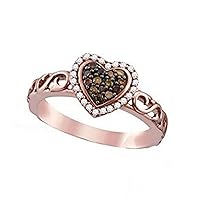 18K Rose Gold Silver Chocolate Brown Diamond Heart Halo Lovely Design Ring 1/4 Ctw.