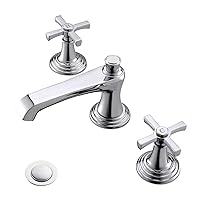 Phiestina High-end Chrome 3 Hole 8 Inch Widespread Bathroom Faucet for Sink 3 Hole Chrome Cross Handle Basin Vanity Faucet with Metal Pop Up Drain, CWF043-C