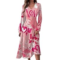 Fall Fashion Valentine's Dress Women's Floral Print Boho Dress Long Sleeve V Neck A-Line Flowy Maxi Dress