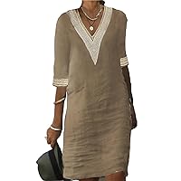 Womens Casual Cotton Linen Dresses Summer V Neck Short Half Sleeve Loose Knee Length Plus Size Midi Linen Dress