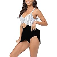 Women's Stripe One Piece Swimdress Cutout Tie Back V Neck Skirt Swimsuit Push Up Tummy Control Flowy Bathing Suits