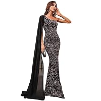 One Shoulder Contrast Mesh Cloak Sleeve Sequins Prom Dress (Color : Multicolor, Size : X-Small)