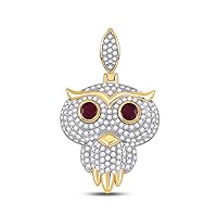 14K Yellow Gold Mens Ruby Diamond Owl Bird Necklace Pendant 2-5/8 Ctw.