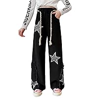 Youth Kids Stars Print Jeans for Girls Elastic Waist Casual Denim Pants Wide Leg Ripped Jeans Baggy Trousers