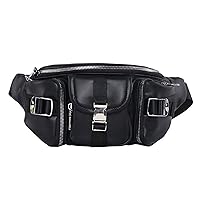 Unisex Multiple Zipper Pockets Soft Faux Leather Fanny Pack Belt Waist Bag Phone Purse, Buckle Black, one size