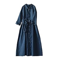 Women Button Down Cotton Linen Long Shirt Dress Casual Loose 3/4 Sleeve Tie Waist Maxi Shirt Dress Summer Solid Dress