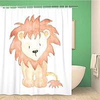 Bathroom Shower Curtain Orange Baby Lion Animal Watercolor Drawing Nursery Safari Big Polyester Fabric 66x72 inches Waterproof Bath Curtain Set with Hooks