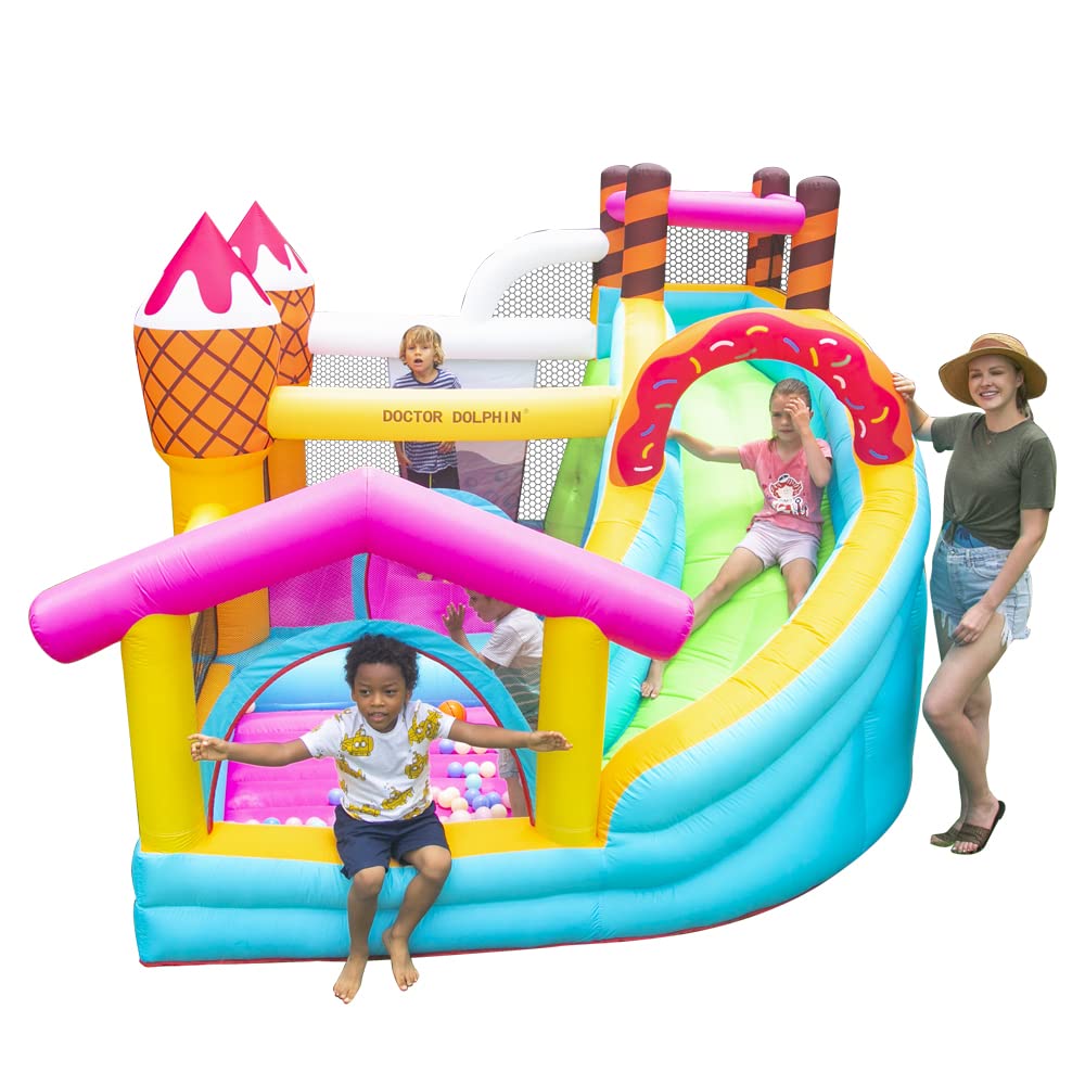 Doctor Dolphin Inflatable Bounce House for Kids Ice Cream Doughnut Dessert Party for Outdoor Play with Blower, Long Slide and Ball Pool