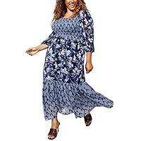 Taylor Women's Plus Size Mixed-Print Smocked-Top Tiered Dress (Navy/Blue, 22W)