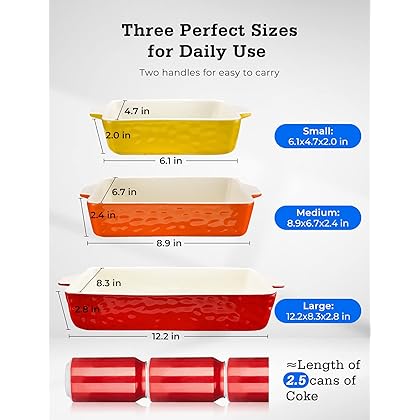 3Pack Ceramic Baking Dish for Oven Large Casserole Baking Dish with Handles Packaging Upgrade Nonstick Ceramic Bakeware for Cooking, Cakes, Lasagna & Gift, Red