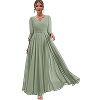 Tea Length Mother of The Bride Dresses for Wedding Chiffon Formal Dress with Sleeves V Neck Evening Party Gown