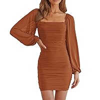 MEROKEETY Women Square Neck Lantern Long Sleeve Mesh Ruched Bodycon Clubwear Mini Dress