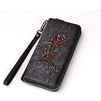 Retro Zipper Bag Leather Top Layer Cowhide Hand Wipe Color Casual Handbag Fashion Wallet 19 * 10 * 3CM (Color : Black)