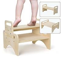 QZMTOY Wooden Toddler Step Stool for Kids, Multifunctional Two Step Stools with Safety Non-Slip Mats for Safety and Handles, Two One Step Stool for Adults Bathroom, Kitchen and Toilet Potty Training