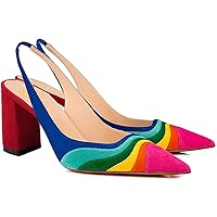 LEHOOR Women Rainbow Slingback Pumps Chunky Block High Heel Suede Dress Shoes Pointed Closed Toe Sandals Elastic Ankle Strap Office Work Shoe Multicolored Patchwork Wedding Party Prom Spring 4-13 M US