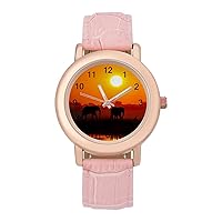 African Elephants at Sunset Classic Watches for Women Funny Graphic Pink Girls Watch Easy to Read