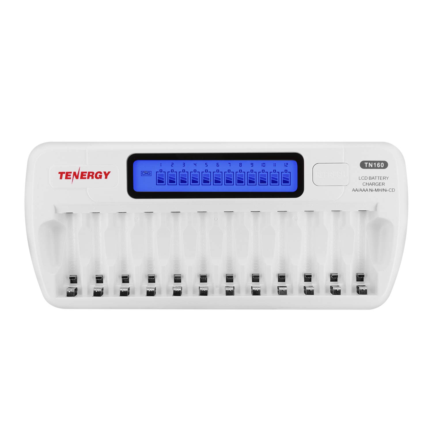 Tenergy TN160 LCD Battery Charger 12-Bay Smart Battery Charger for AA/AAA NiMH/NiCd Rechargeable Batteries Charger with Refresh Function Household Battery Charger w/AC Wall Adapter