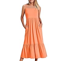 Summer Dresses for Women 2024, Casual Crew Neck Sleeveless Maxi Swing Boho Sundresses Wedding Guest Dress with Pockets