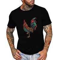 Men Funny T-Shirts Rooster Pattern Short Sleeve Gym Muscle Fitness Tops Designer Casual Workout Tunic Blouse