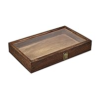 MOOCA Natural Wood Tempered Glass Top Jewelry Display Case Accessories Storage Box with Metal Clasp, Wooden Jewelry Tray for Collectibles, Pocket Knife Display Case, Brown