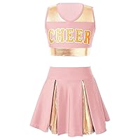 iiniim Kids Girls Cheerleading Dress Outfits Cheer Leader Shiny Crop Tops with A-line Skirts Set Performance Costume