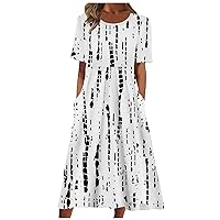 Short Sleeve Dress, Women's Summer Casual Fashion Printed Short Sleeve 2022 O-Neck Pocket Dress