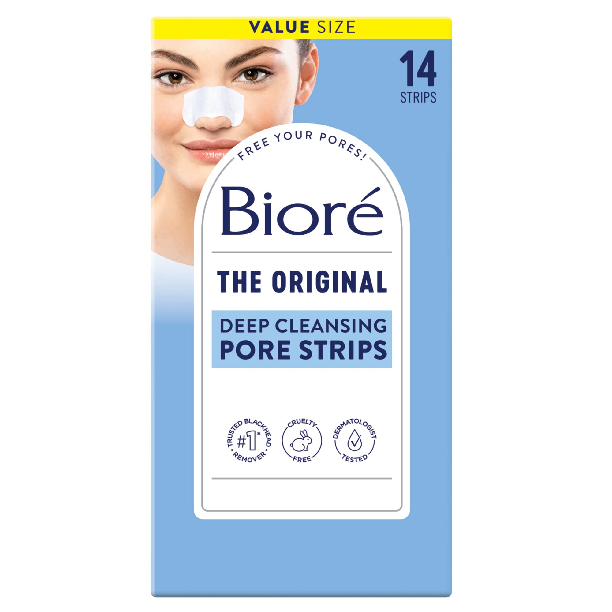 Bioré Original Blackhead Remover Strips, Deep Cleansing Nose Strips With Instant Pore Unclogging, Features C-Bond Technology, Oil-Free, Non-Comedogenic Use, 14 Count