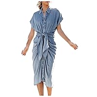Women's Vintage Jean Shirt Dress Short Sleeve Button Up Denim Dress 2024 Summer Plus Size Loose Maxi Blouse Dresses, Tie Waist Ruched Midi Dress for Women