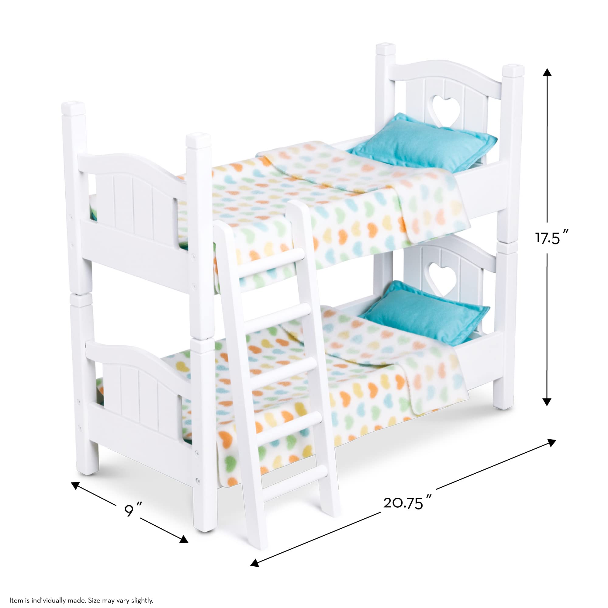 Melissa & Doug Mine to Love Wooden Play Bunk Bed for Dolls up to 18 inches-Stuffed Animals - White (2 Beds, 17.4”H x 9.1”W x 20.7”L Assembled and Stacked)