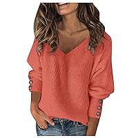 Womens Long Sleeve Tops Solid Color Wild Knitted Sexy V-Neck Loose Sweater Top