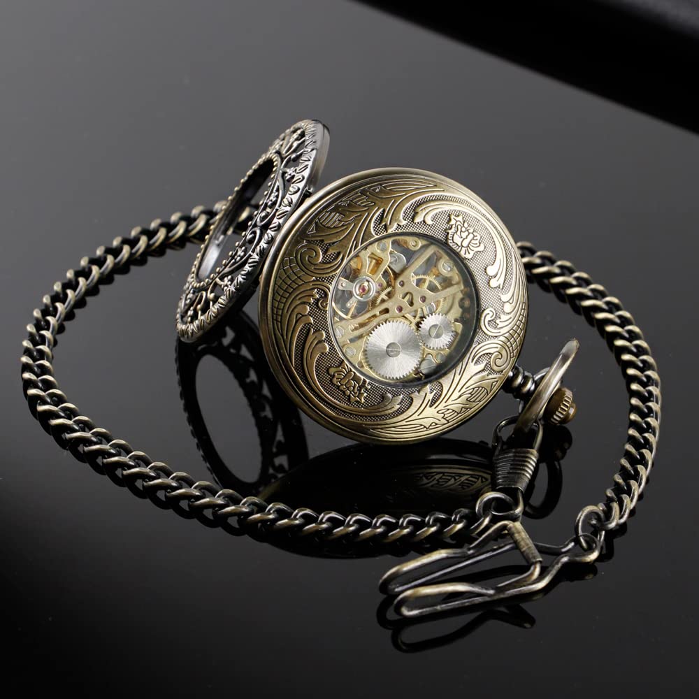 Whodoit Black and Bronze Skeleton Mechanical Men's Pocket Watch Special Case Design, Mechanical Pocket Watches with Chain Box for Men