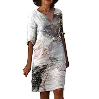 V Neck Shirt Dresses for Women 2024 Summer Floral Print Elbow Sleeve Dress Ladies Loose Casual Midi Pullover Dresses