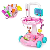UNIH Doctor Cart Kit for Kids 3 4 5, Medical Play Set Realistic with Lights Toddlers Toys for Boys Girls 2-4 (Pink)