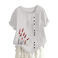 Summer Short Sleeve Linen Shirts Trendy Plus Size Square Neck Tops Casual Button Down Blouses Floral Cute T Shirts